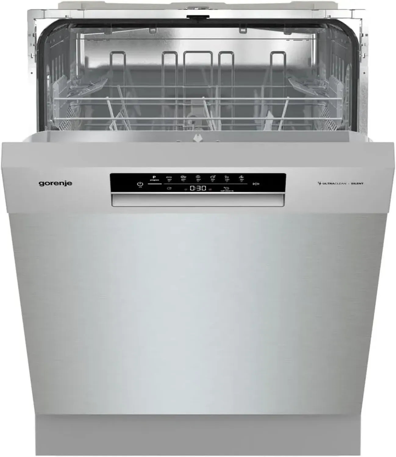 Gorenje GU642E90X Unterbau-Geschirrspüler, 60 cm, 13 Maßgedecke, 6 Programme, Total AquaStop, Eco- und Intensivprogramm, höhenverstellbar, EEK E, Grau-Metallic